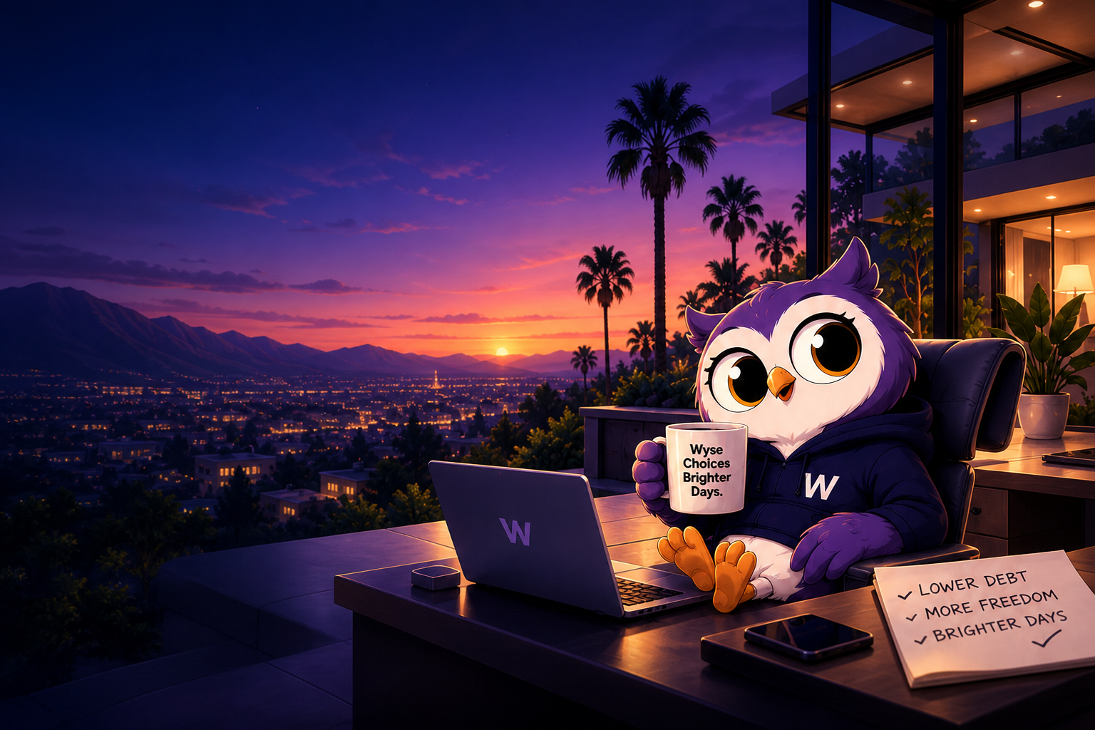 WyseRelief owl relaxing at a desk on a hillside balcony at sunset, holding a mug that reads Wyse Choices, Brighter Days