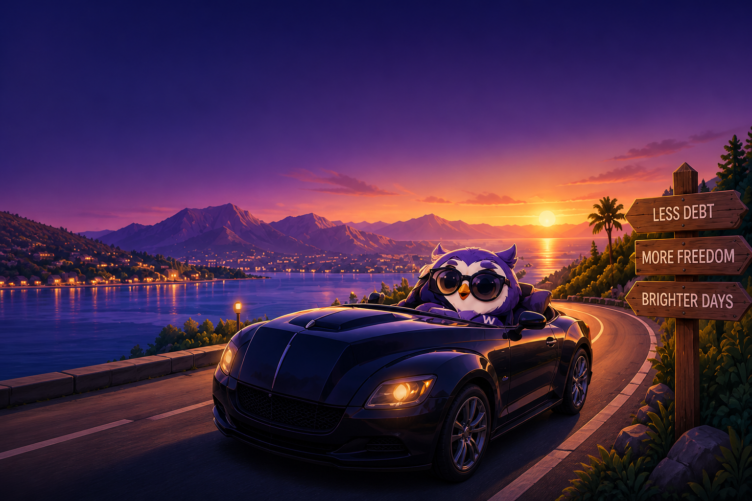 WyseRelief owl in sunglasses driving a convertible along a coastal road at sunset past signs reading Less Debt, More Freedom, Brighter Days