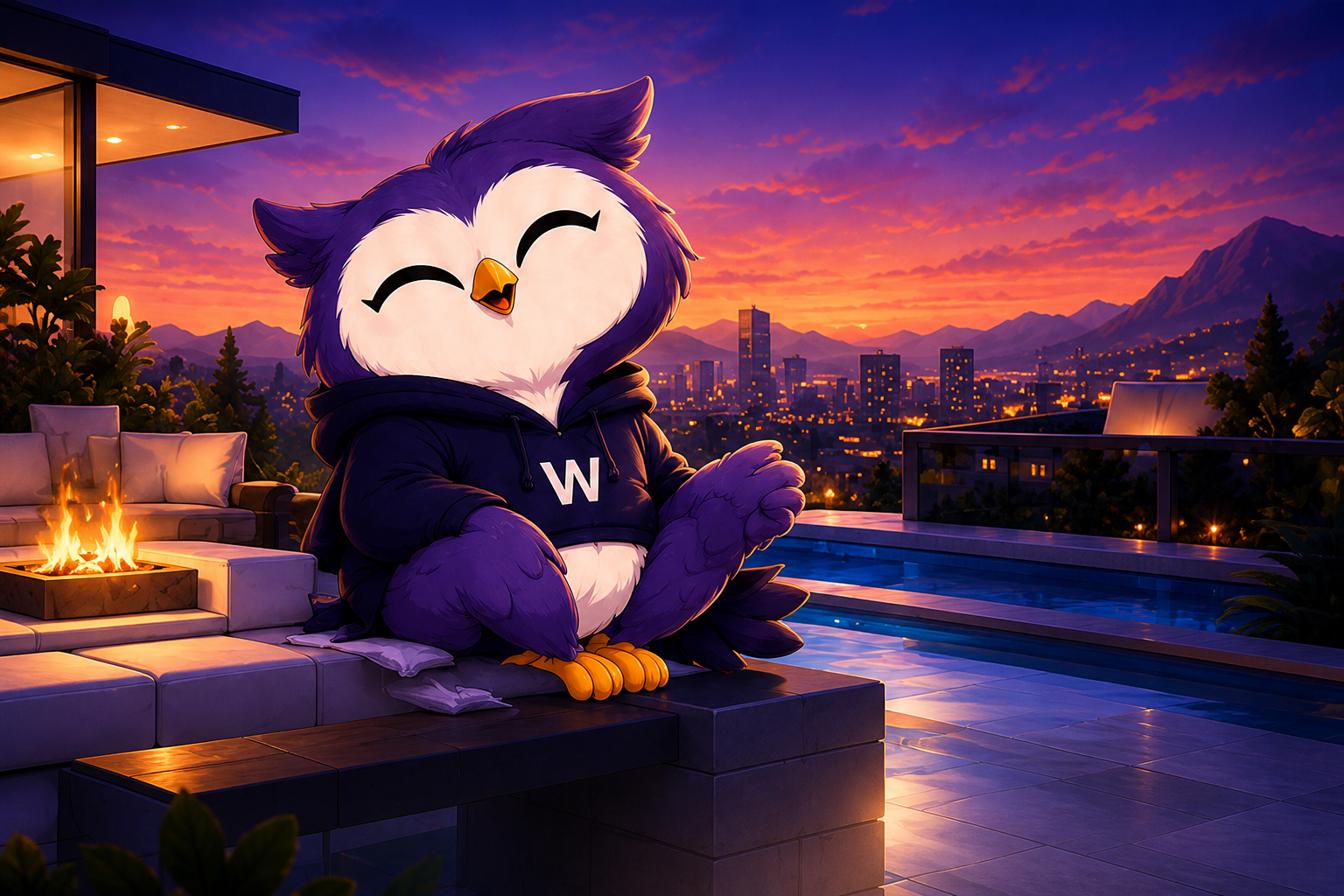 Smiling WyseRelief owl relaxing on a rooftop lounge by a fire pit and pool at dusk